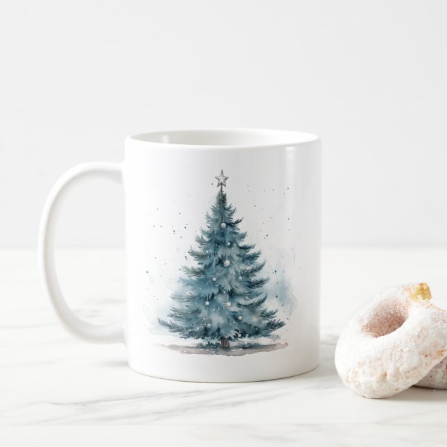 Elegant Winter Wonderland Blue Christmas Tree Coffee Mug (With Donut)