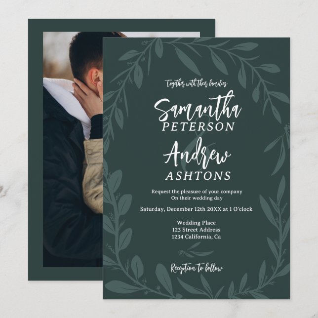 Elegant winter wonderland green wedding photo invitation (Front/Back)