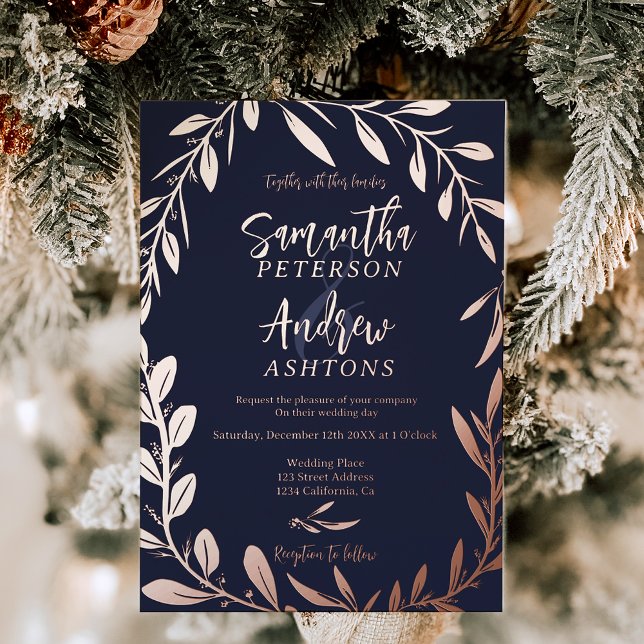 Elegant winter wonderland navy blue wedding photo (Elegant winter wonderland navy blue wedding photo foil invitation)
