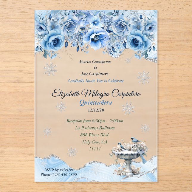 Elegant Winter Wonderland Quinceañera Snowflakes Acrylic Invitations (Front)