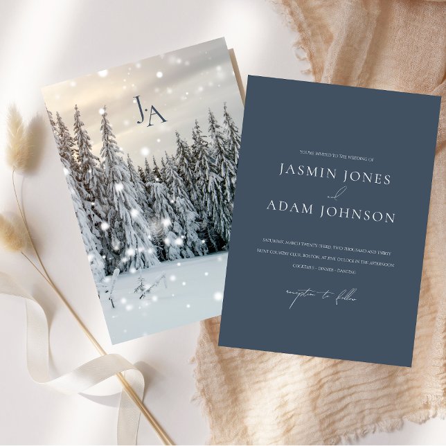 Elegant Winter Wonderland Snowy Woodland Wedding Invitation (Winter Wonderland Woodland Snow Script Wedding Invitation)