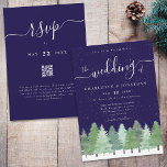 Elegant Winter Woodland Navy Blue Wedding Qr Code Invitation<br><div class="desc">Winter Woodland Navy Blue Wedding Invitation with Watercolor Fir Trees, Script Typography & QR Code RSVP Celebrate your love with the enchanting beauty of nature in this Winter Woodland Navy Blue Wedding Invitation. Featuring hand-painted watercolor fir trees in a snowy evergreen forest against a deep navy blue background, this elegant...</div>