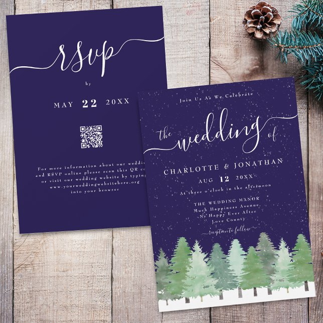 Elegant Winter Woodland Navy Blue Wedding Qr Code Invitation (Winter Woodland forest watercolor navy blue and white wedding qr code invitation elegant script )