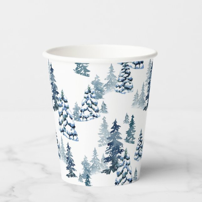 Elegant Winter Woodland Snowy Fir Forest Christmas Paper Cups (Front)