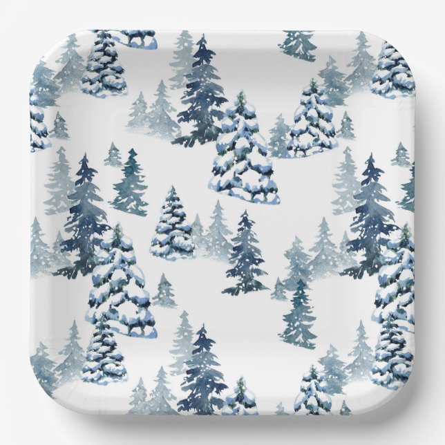 Elegant Winter Woodland Snowy Fir Forest Christmas Paper Plate (Front)