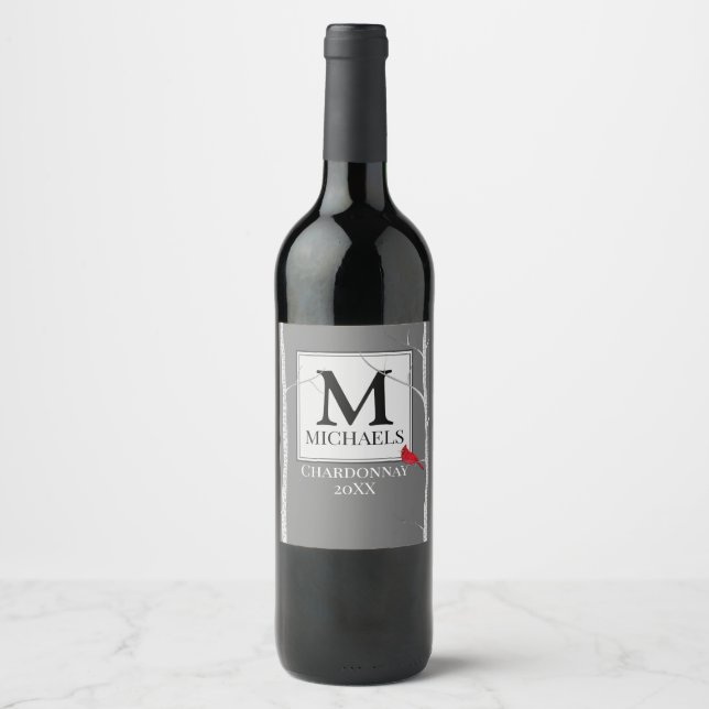 Elegant Winter Woodland Tree Family Monogram Wine Label (Front)