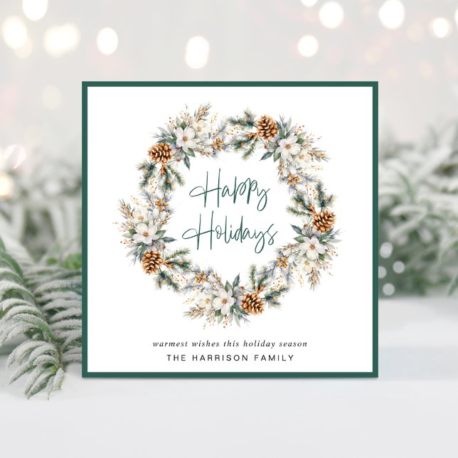 Elegant Winter Wreath Watercolor Christmas Holiday Card (Spread the love + joy of the season with your friends + family near and far with a personalized card)