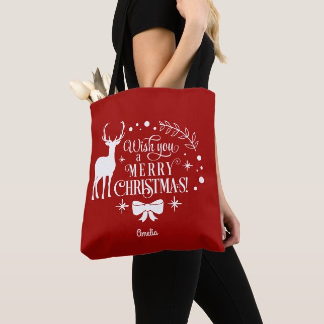 Elegant Wish You A MERRY CHRISTMAS Monogram Tote Bag (Close Up)