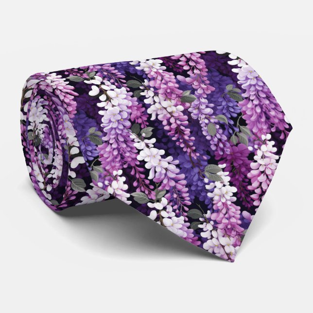 Elegant wisteria tiled floral pattern neck tie (Rolled)