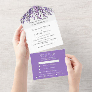 Elegant Wisteria Watercolor Purple Lilac Wedding All In One Invitation