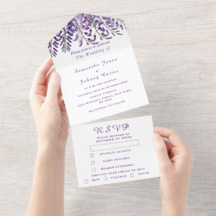Elegant Wisteria Watercolor Purple Lilac Wedding All In One Invitation