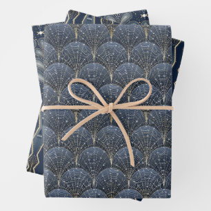 Elegant Witch Blue and Gold Art Deco Pattern Wrapping Paper Sheet