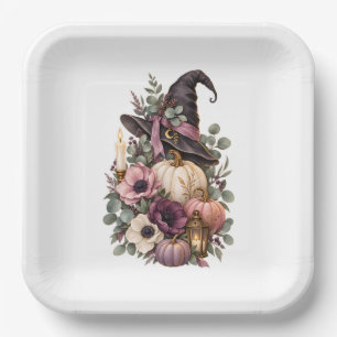Elegant Witch Hat with Floral Pumpkins Paper Plate