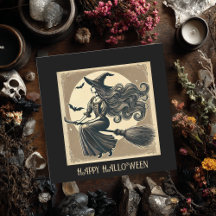 Elegant Witch on Broom Vintage Halloween Black
