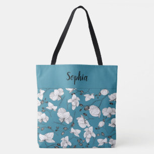 Elegant with black & white orchids chic blue tote bag
