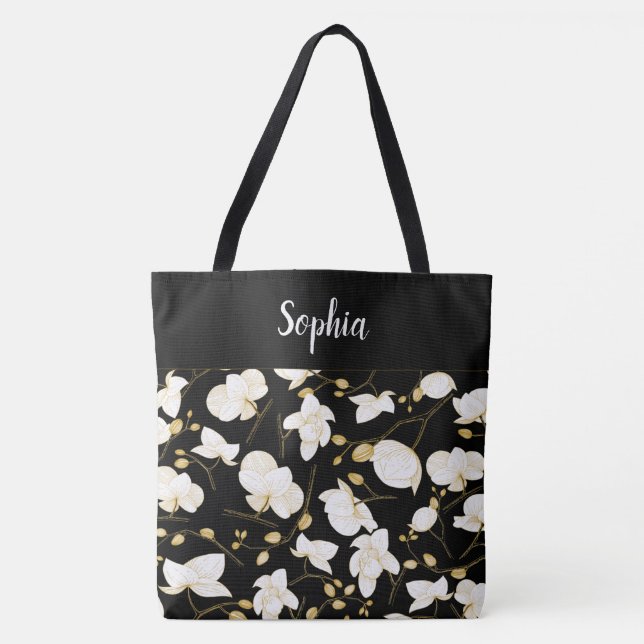 Elegant with gold and white orchids chic black tote bag (Front)