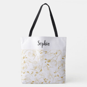 Elegant with gold and white orchids chic white tote bag