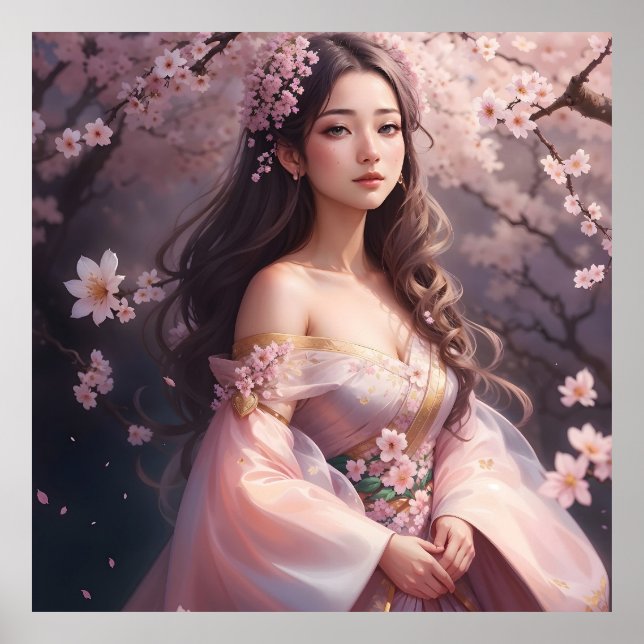Elegant Woman Amidst Blooming Cherry Blosso Poster (Front)