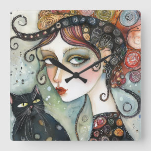 Elegant Woman and Cat Clock