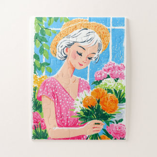 Elegant Woman Arranging Flowers at Shop Jigsaw Puzzle
