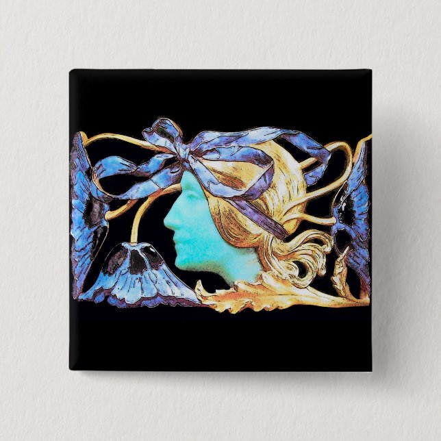 ELEGANT WOMAN BEAUTY JEWEL /LADY,BLUE BOW,FLOWERS 15 CM SQUARE BADGE (Front)