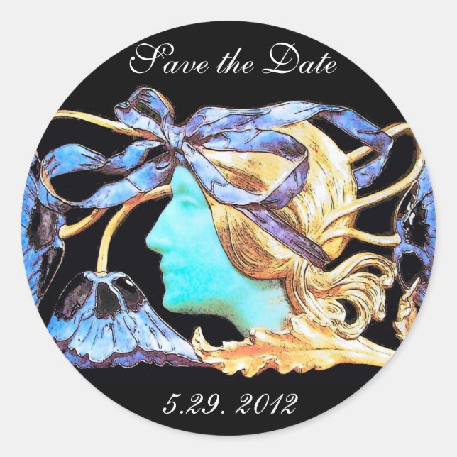 ELEGANT WOMAN BEAUTY JEWEL /LADY,BLUE BOW,FLOWERS CLASSIC ROUND STICKER (Front)