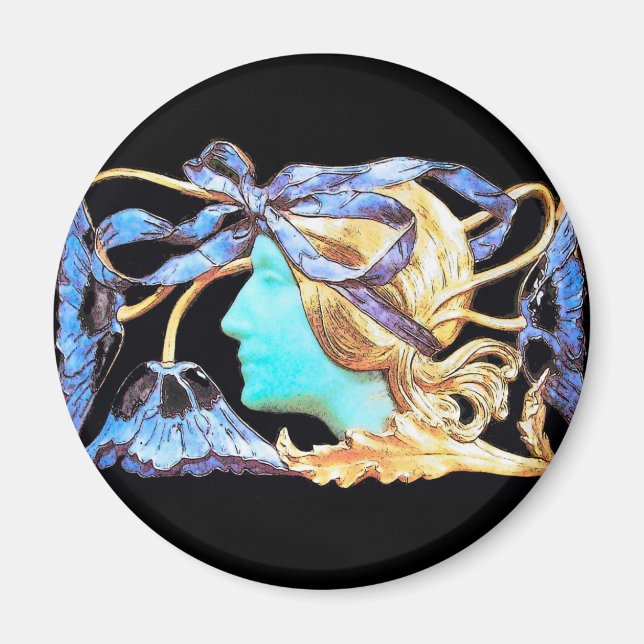 ELEGANT WOMAN BEAUTY JEWEL /LADY,BLUE BOW,FLOWERS MAGNET (Front)