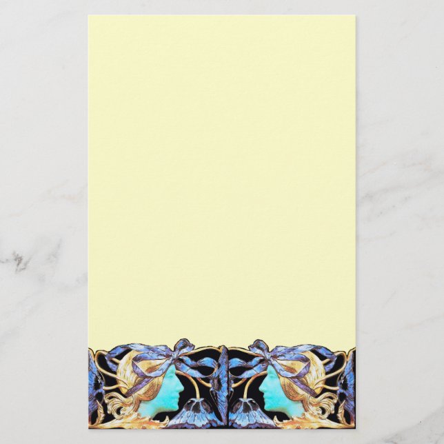 ELEGANT WOMAN BEAUTY JEWEL /LADY,BLUE BOW,FLOWERS STATIONERY (Front)