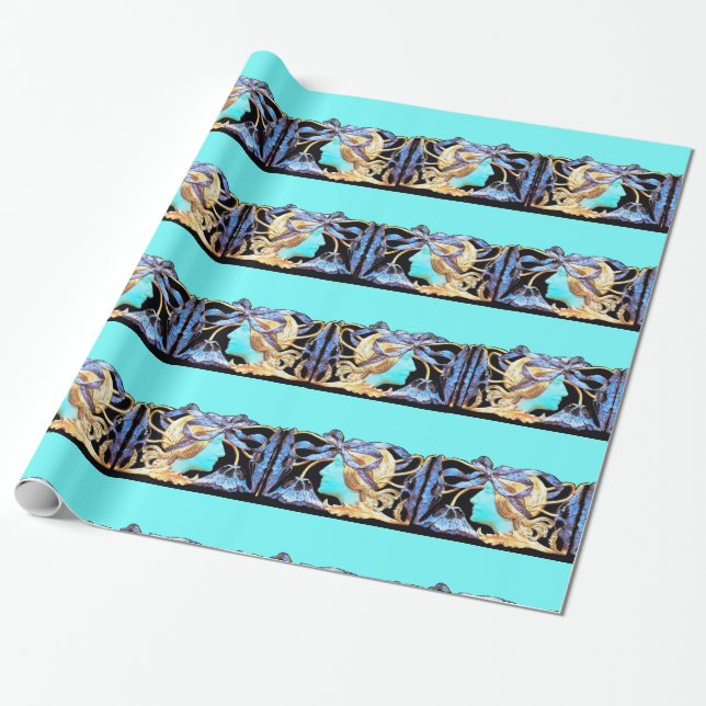 ELEGANT WOMAN BEAUTY JEWEL /LADY,BLUE BOW,FLOWERS WRAPPING PAPER (Unrolled)
