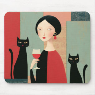 Elegant Woman Black Cats and Wine Mouse Mat
