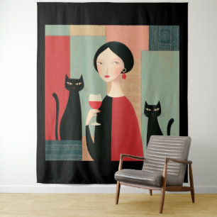 Elegant Woman Black Cats and Wine Tapestry