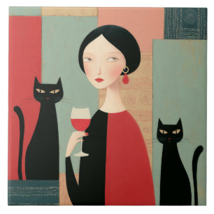 Elegant Woman Black Cats and Wine Tile