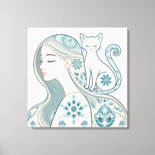 Elegant Woman & Cat Floral Art Nouveau Design Canvas Print