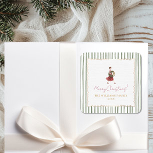 Elegant Woman Christmas Wreath Green Stripes Square Sticker