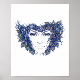 Elegant Woman Face with Peacock Feathers Wall Art