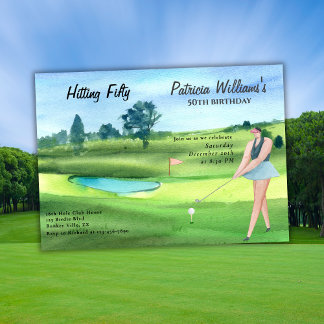 Elegant Woman Golf Player Swinging 50th Birthday Invitation
