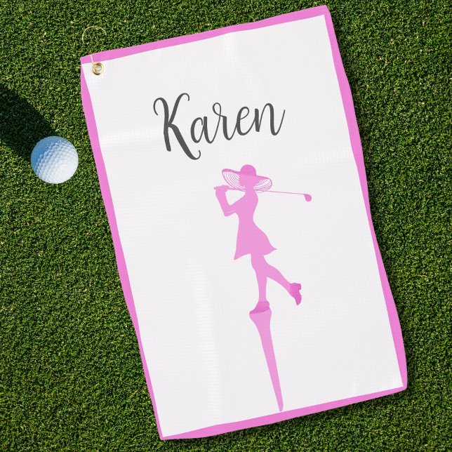 Elegant Woman Golfer Silhouette Standing Golf Tee Golf Towel (Creator Uploaded)
