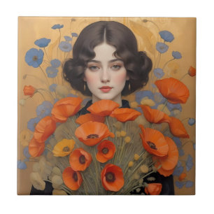 Elegant Woman Holding Bouquet of Poppy Flowers Tile