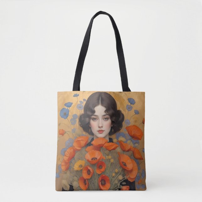 Elegant Woman Holding Bouquet of Poppy Flowers Tote Bag (Front)