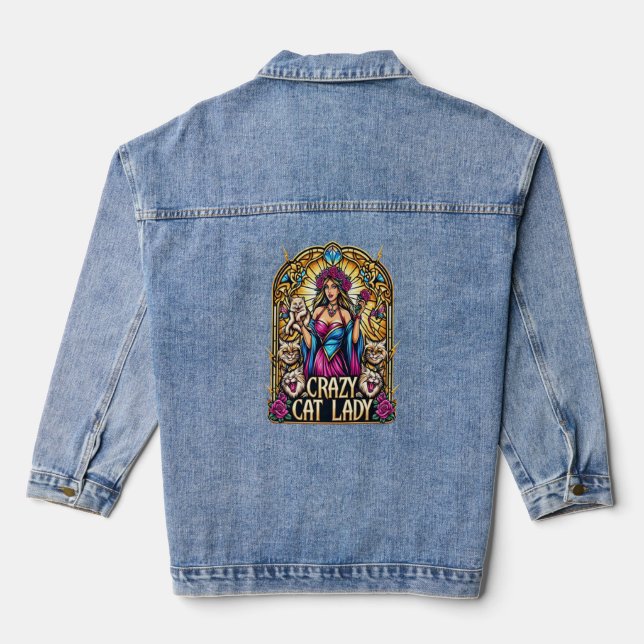 Elegant Woman Holding Kitten With Surrounding Cats Denim Jacket (Back)