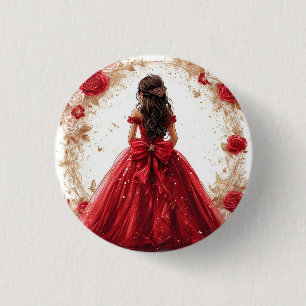 Elegant Woman in a Red Gown Surrounded by Roses 3 Cm Round Badge