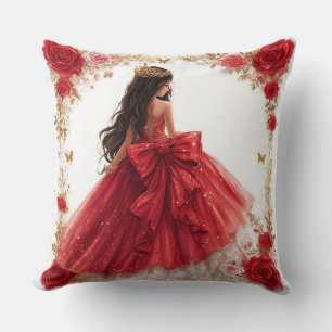 Elegant Woman in a Red Gown Surrounded by Roses Cushion