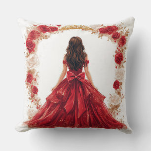 Elegant Woman in a Red Gown Surrounded by Roses Cushion