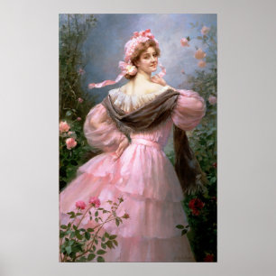 Elegant woman in a rose garden poster