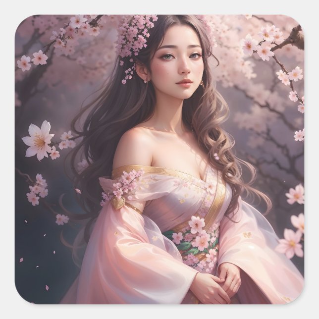 Elegant Woman in Blossoms Photo Enlargement Square Sticker (Front)