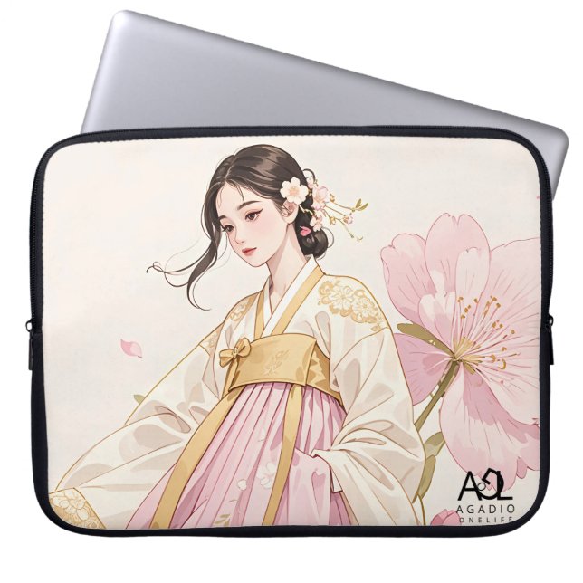 Elegant Woman in Golden Hanbok with Cherry Blossom Laptop Sleeve (Front)
