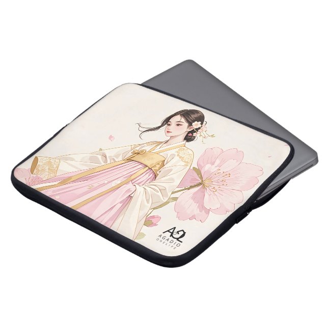 Elegant Woman in Golden Hanbok with Cherry Blossom Laptop Sleeve (Front Top)