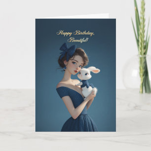 Elegant Woman in Midnight Blue w/ Bunny Birthday Card