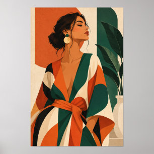 Elegant Woman in Orange and Green Modern Wall Art