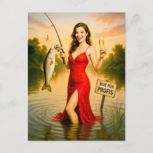 Elegant Woman in Red Dress Holding Big Fish Holiday Postcard